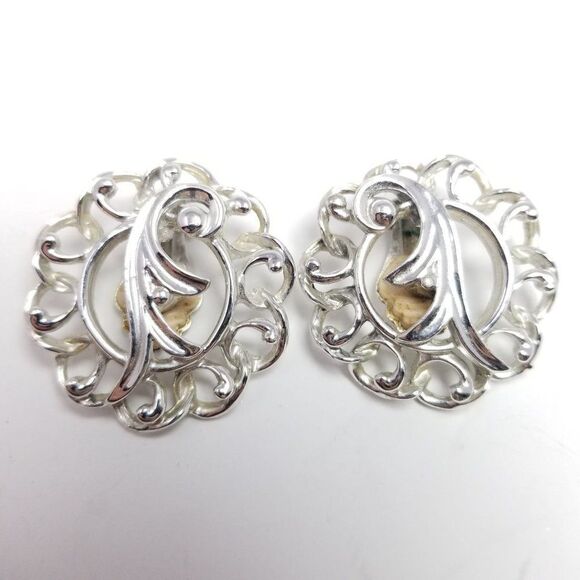 Vintage Sarah Coventry Silver Tone Swirling Clip On Earrings, Retro 80s Style - Picture 1 of 6